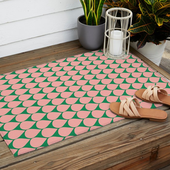 Mod Scales Geometric Pattern in Blush Pink and Green Outdoor Rug Gallery Image 2