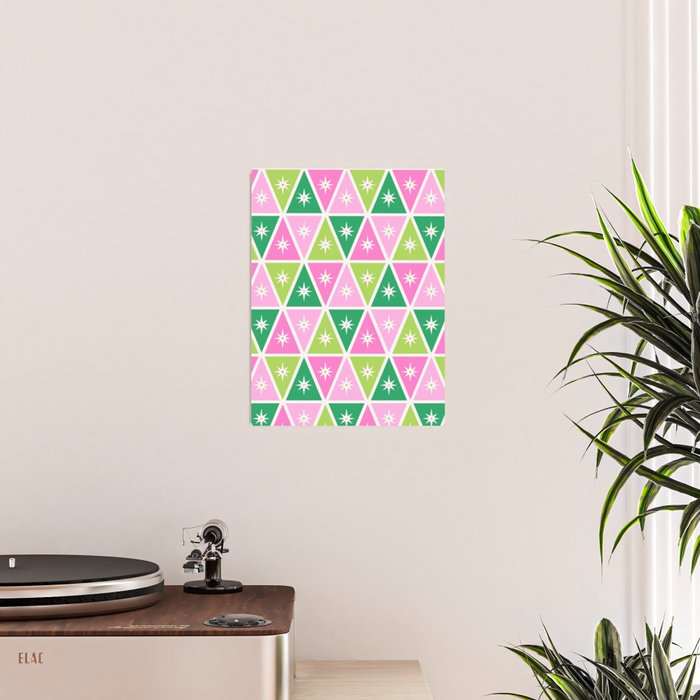 Mid-Century Modern Geometric Christmas Triangles - Green Pink White Poster Gallery Image 2