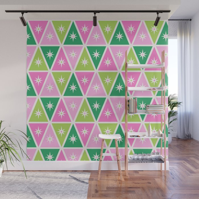 Mid-Century Modern Geometric Christmas Triangles - Green Pink White Wall Mural Gallery Image 1