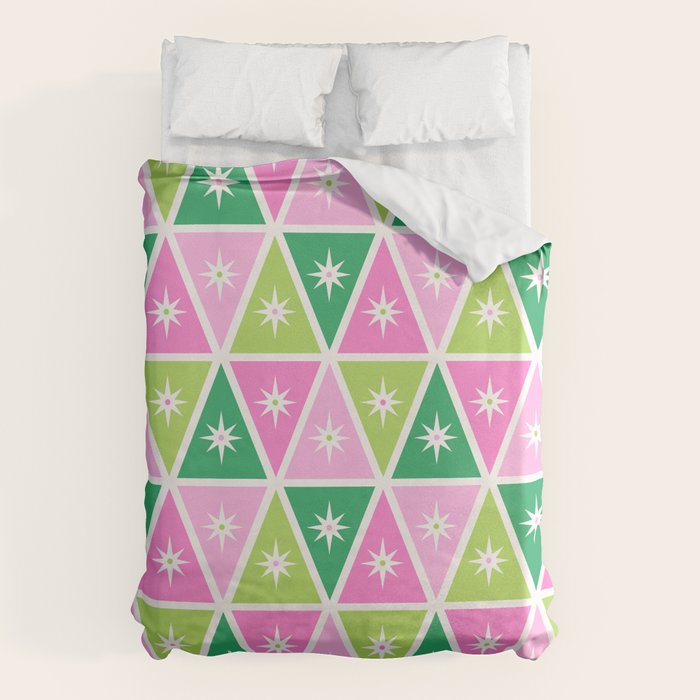 Mid-Century Modern Geometric Christmas Triangles - Green Pink White Duvet Cover Gallery Image 6