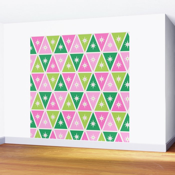 Mid-Century Modern Geometric Christmas Triangles - Green Pink White Wall Mural Gallery Image 2