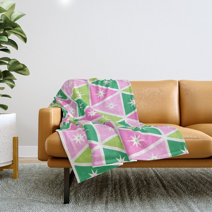 Mid-Century Modern Geometric Christmas Triangles - Green Pink White Throw Blanket Gallery Image 1
