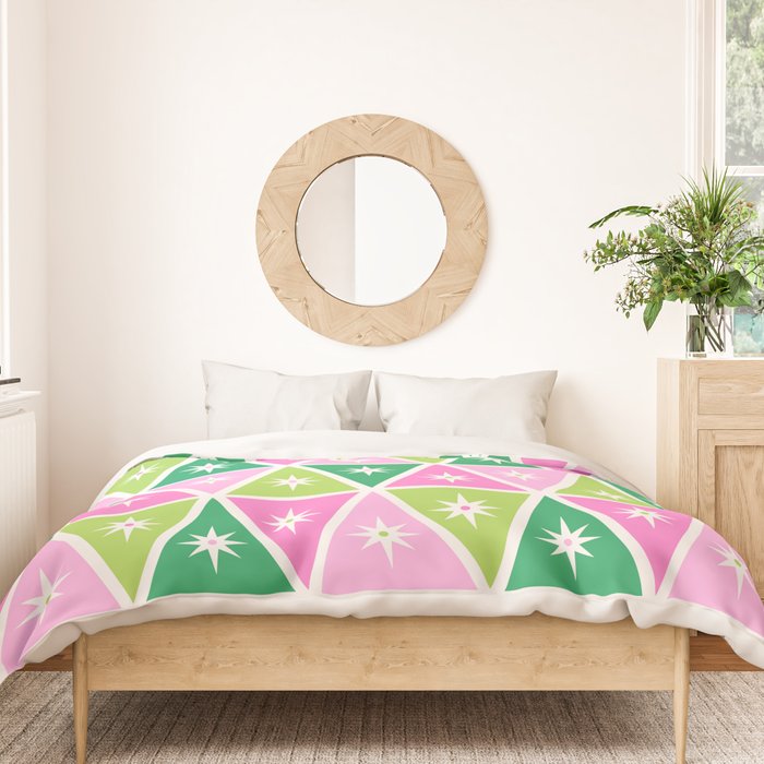 Mid-Century Modern Geometric Christmas Triangles - Green Pink White Duvet Cover Gallery Image 3