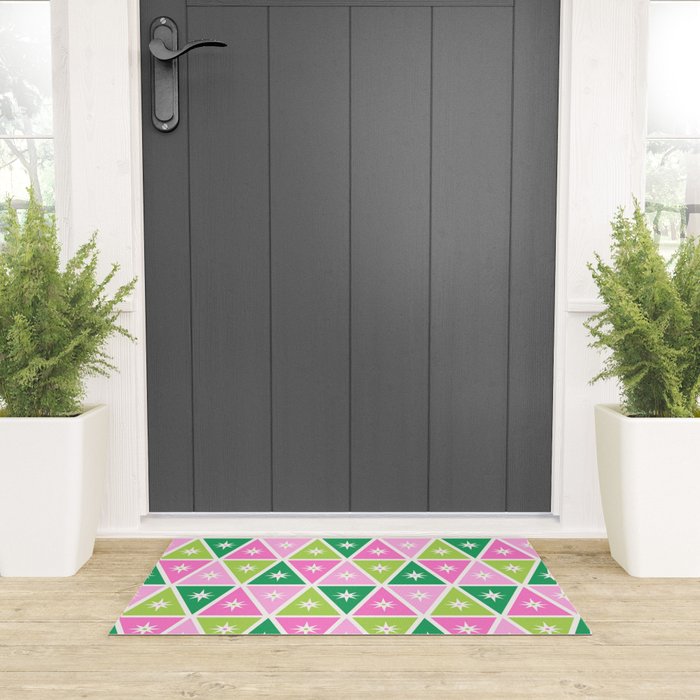 Mid-Century Modern Geometric Christmas Triangles - Green Pink White Welcome Mat Gallery Image 3