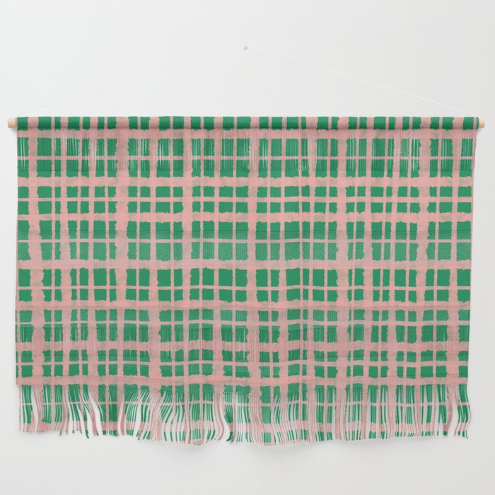 Retro Picnic Plaid Painted Pattern in Bright Green and Pink Wall Hanging Gallery Image 1