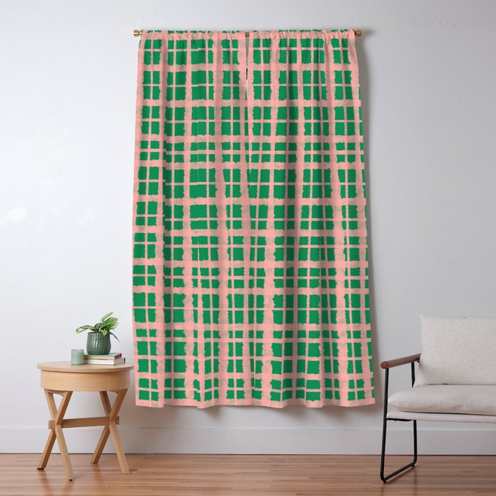 Retro Picnic Plaid Painted Pattern in Bright Green and Pink Window Curtain Gallery Image 1