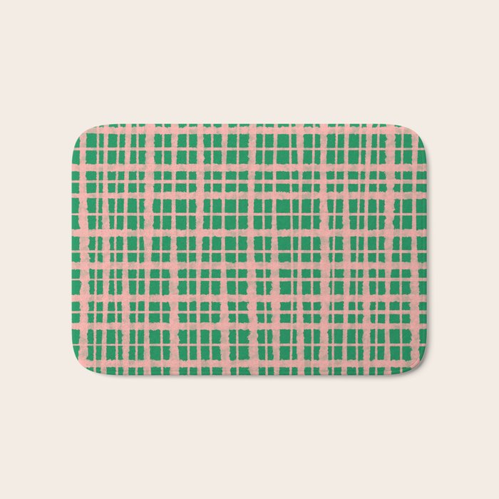 Retro Picnic Plaid Painted Pattern in Bright Green and Pink Bath Mat Gallery Image 1