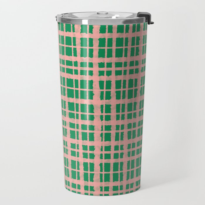Retro Picnic Plaid Painted Pattern in Bright Green and Pink Travel Mug Gallery Image 2