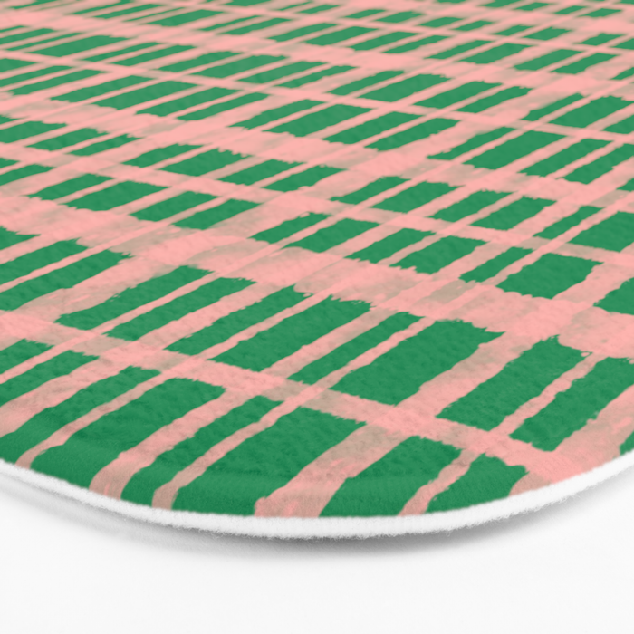 Retro Picnic Plaid Painted Pattern in Bright Green and Pink Bath Mat Gallery Image 3