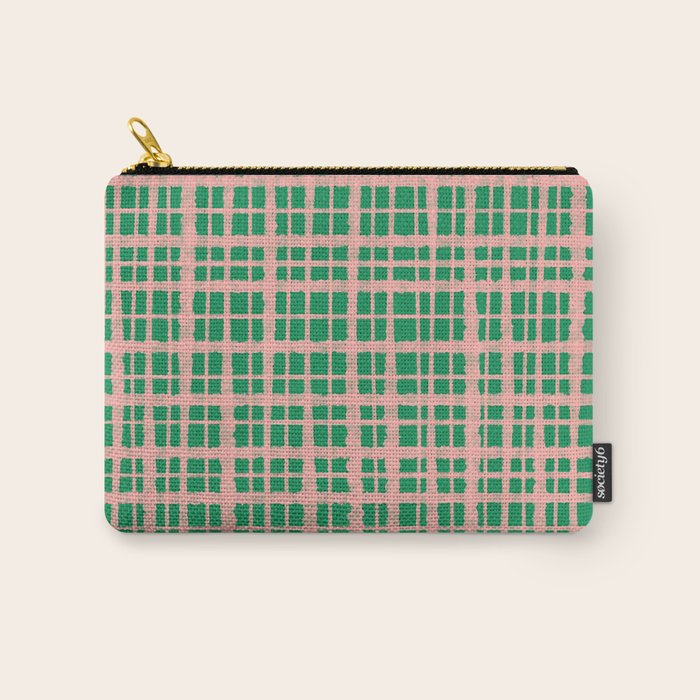 Retro Picnic Plaid Painted Pattern in Bright Green and Pink Carry All Pouch Gallery Image 1