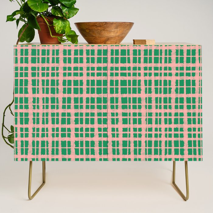 Retro Picnic Plaid Painted Pattern in Bright Green and Pink Credenza Gallery Image 1