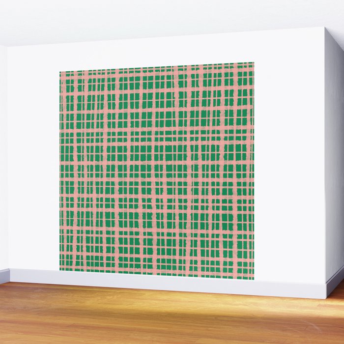 Retro Picnic Plaid Painted Pattern in Bright Green and Pink Wall Mural Gallery Image 2