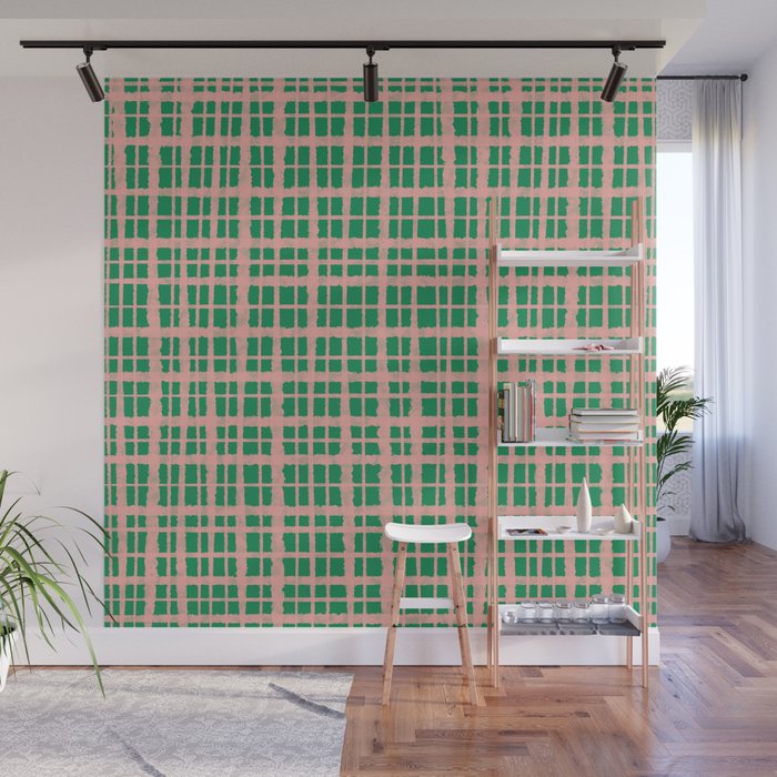 Retro Picnic Plaid Painted Pattern in Bright Green and Pink Wall Mural Gallery Image 1