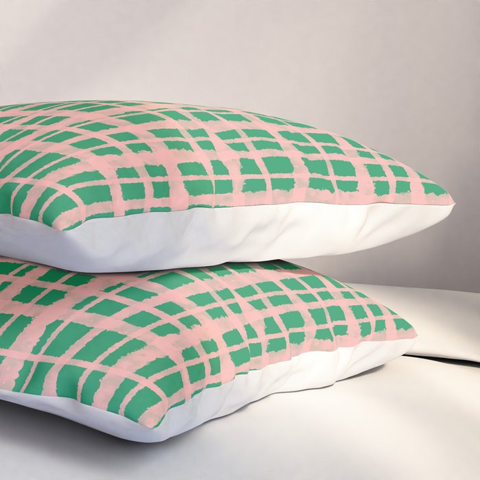 Retro Picnic Plaid Painted Pattern in Bright Green and Pink Pillow Sham Gallery Image 3