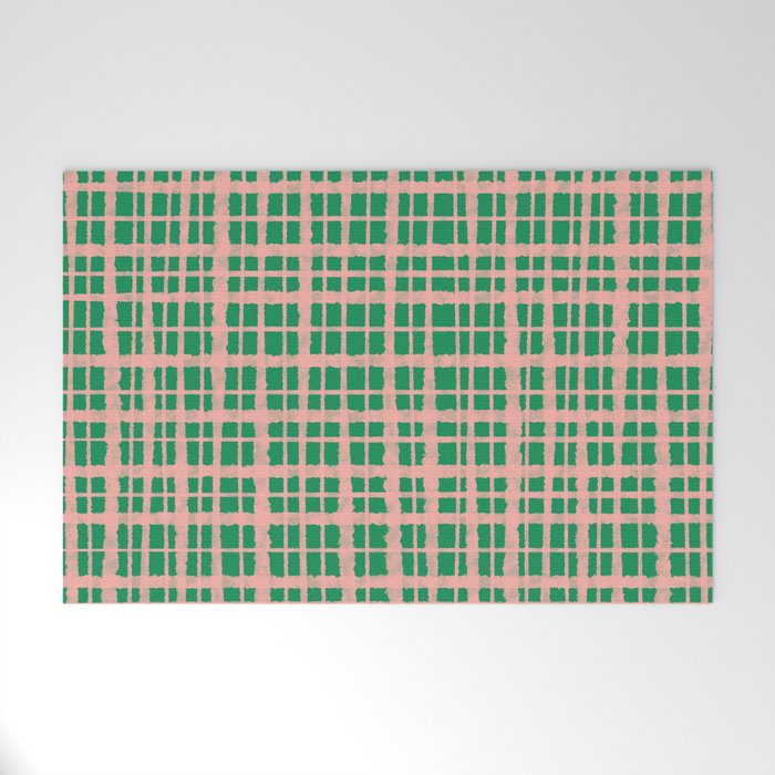 Retro Picnic Plaid Painted Pattern in Bright Green and Pink Welcome Mat Gallery Image 1