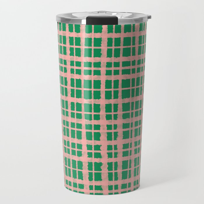 Retro Picnic Plaid Painted Pattern in Bright Green and Pink Travel Mug Gallery Image 1