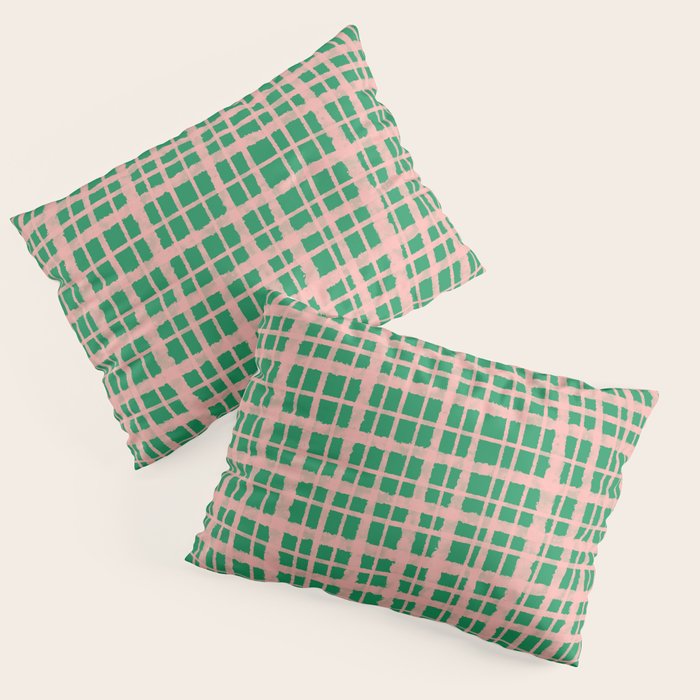 Retro Picnic Plaid Painted Pattern in Bright Green and Pink Pillow Sham Gallery Image 3