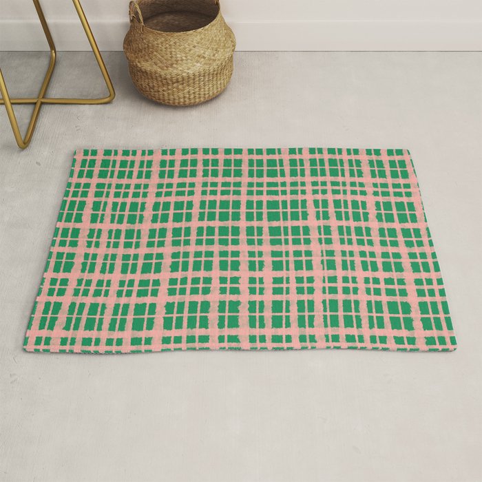 Retro Picnic Plaid Painted Pattern in Bright Green and Pink Rug Gallery Image 1