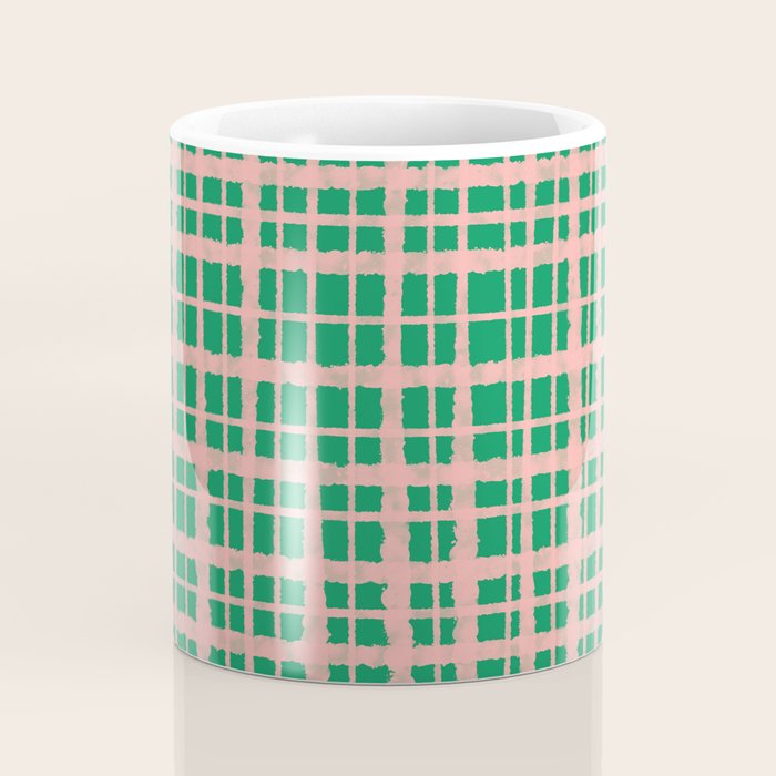Retro Picnic Plaid Painted Pattern in Bright Green and Pink Coffee Mug Gallery Image 4