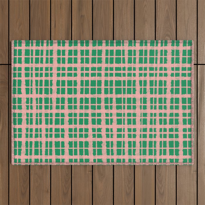 Retro Picnic Plaid Painted Pattern in Bright Green and Pink Outdoor Rug Gallery Image 1