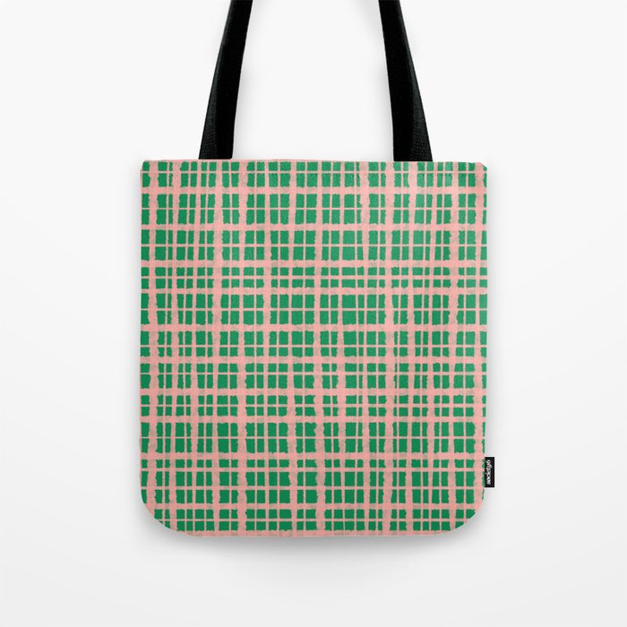 Retro Picnic Plaid Painted Pattern in Bright Green and Pink Tote Bag Gallery Image 1