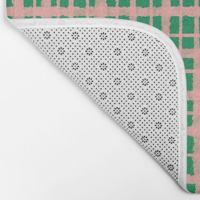 Retro Picnic Plaid Painted Pattern in Bright Green and Pink Bath Mat Gallery Image 2
