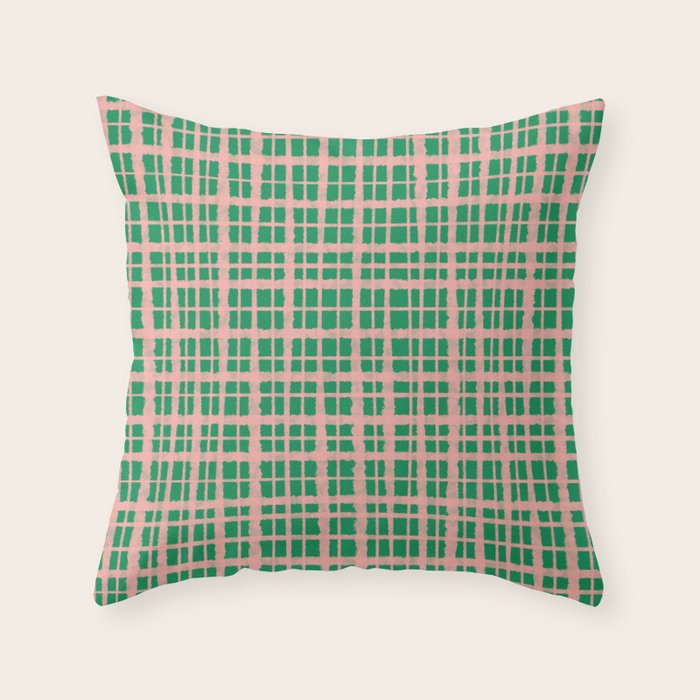 Retro Picnic Plaid Painted Pattern in Bright Green and Pink Throw Pillow Gallery Image 6