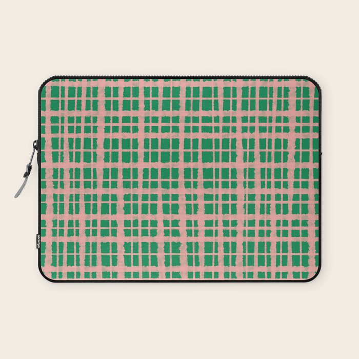 Retro Picnic Plaid Painted Pattern in Bright Green and Pink Laptop Sleeve Gallery Image 1