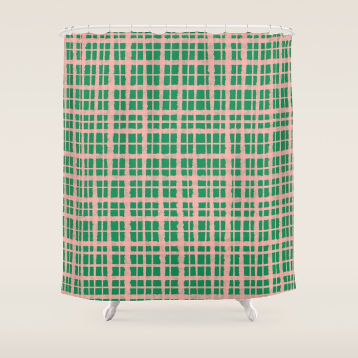 Retro Picnic Plaid Painted Pattern in Bright Green and Pink Shower Curtain Gallery Image 1