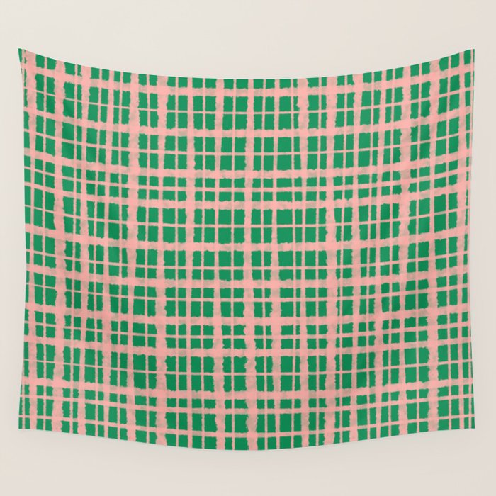 Retro Picnic Plaid Painted Pattern in Bright Green and Pink Wall Tapestry Gallery Image 4