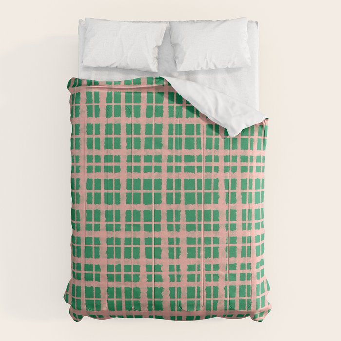 Retro Picnic Plaid Painted Pattern in Bright Green and Pink Comforter Gallery Image 6