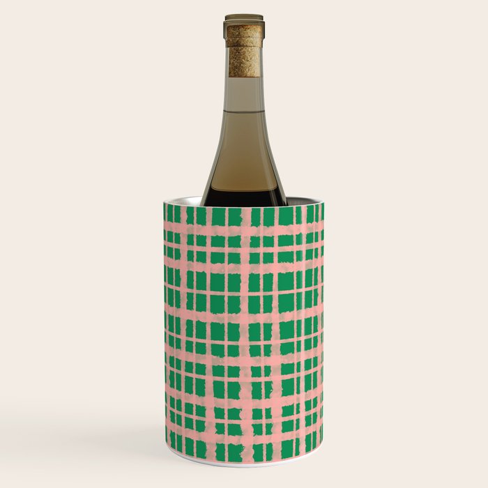 Retro Picnic Plaid Painted Pattern in Bright Green and Pink Wine Chiller Gallery Image 1