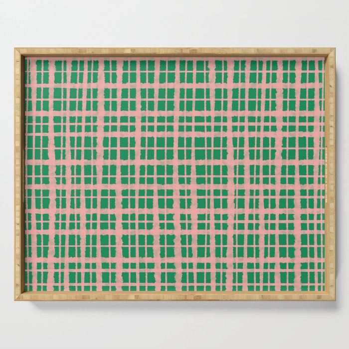 Retro Picnic Plaid Painted Pattern in Bright Green and Pink Serving Tray Gallery Image 1