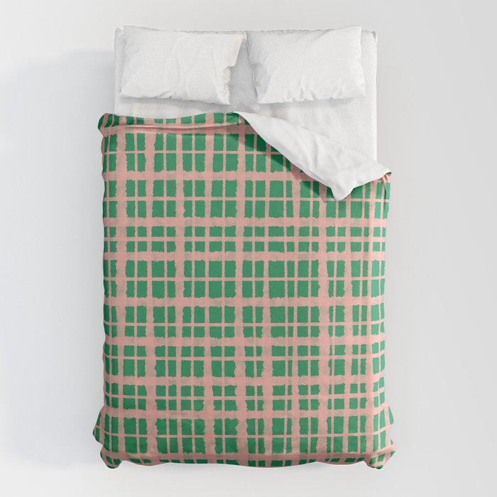 Retro Picnic Plaid Painted Pattern in Bright Green and Pink Duvet Cover Gallery Image 1