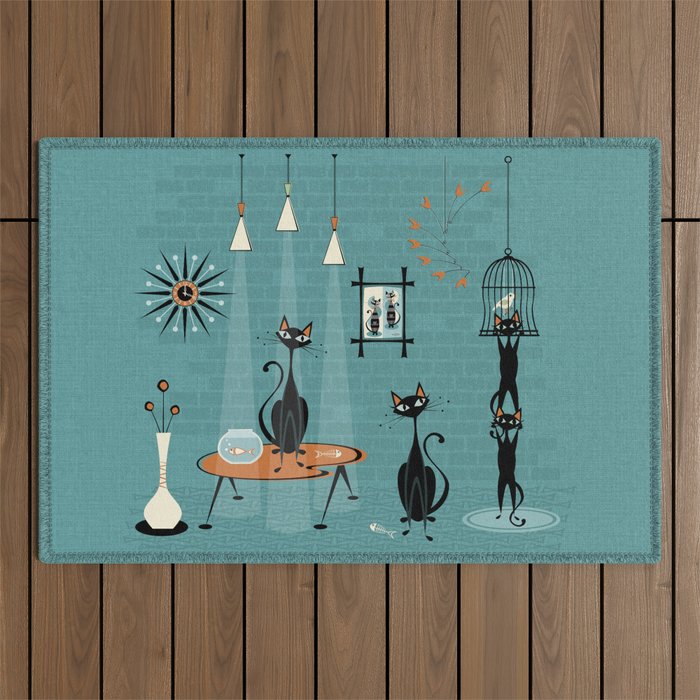 Mid Century Kitty Mishchief - w/ Orange ©studioxtine Outdoor Rug Gallery Image 1