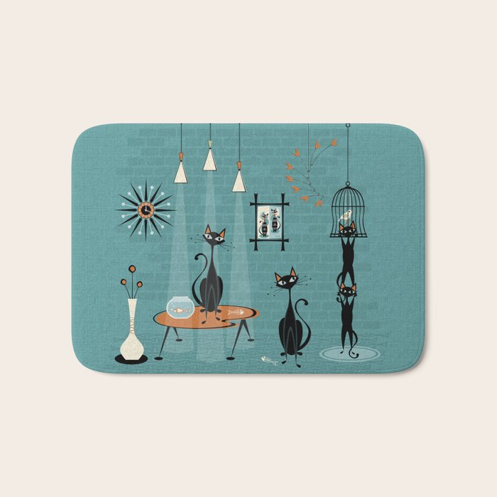 Mid Century Kitty Mishchief - w/ Orange ©studioxtine Bath Mat Gallery Image 1
