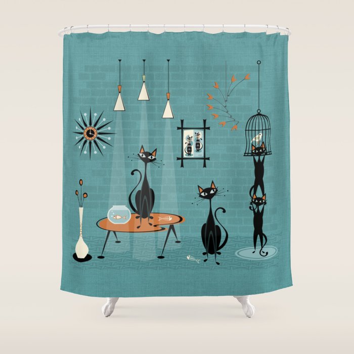 Mid Century Kitty Mishchief - w/ Orange ©studioxtine Shower Curtain Gallery Image 1