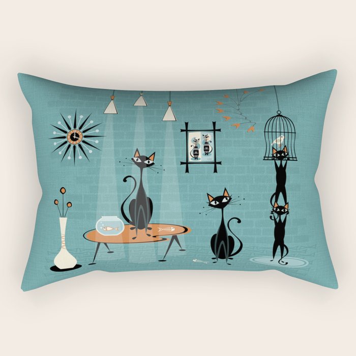 Mid Century Kitty Mishchief - w/ Orange ©studioxtine Rectangular Pillow Gallery Image 2