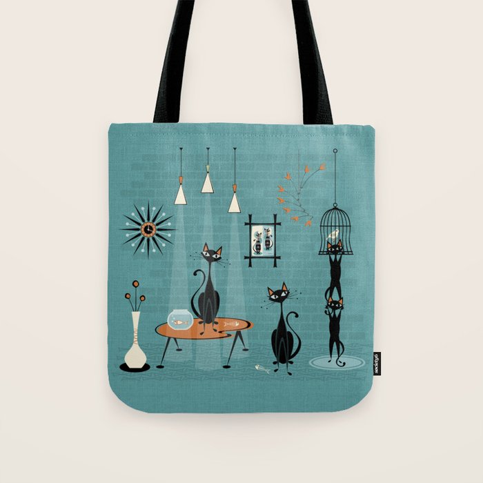 Mid Century Kitty Mishchief - w/ Orange ©studioxtine Tote Bag Gallery Image 1