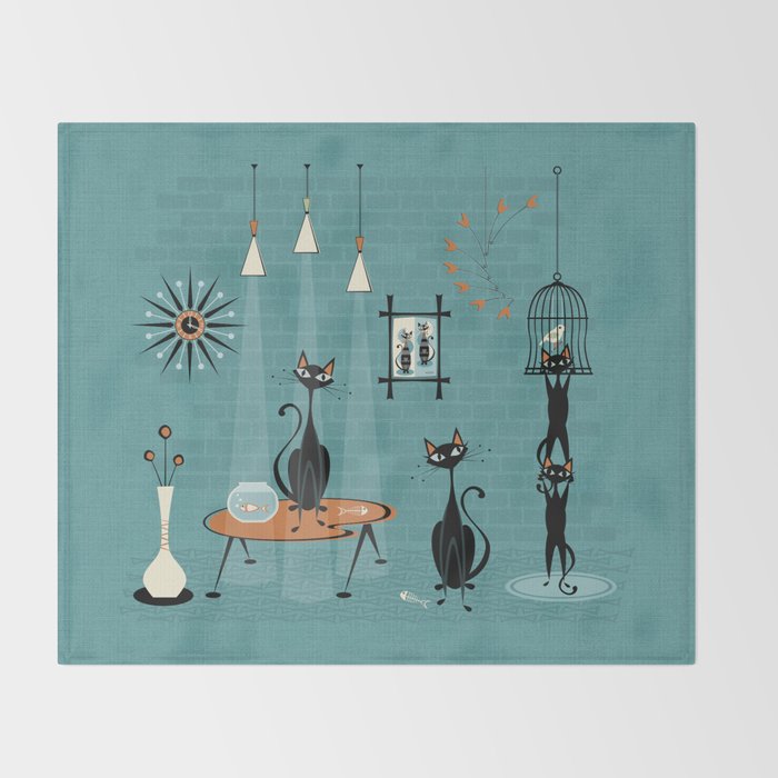 Mid Century Kitty Mishchief - w/ Orange ©studioxtine Throw Blanket Gallery Image 2
