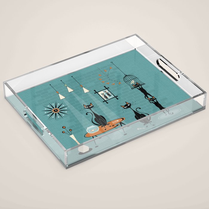 Mid Century Kitty Mishchief - w/ Orange ©studioxtine Acrylic Tray Gallery Image 1
