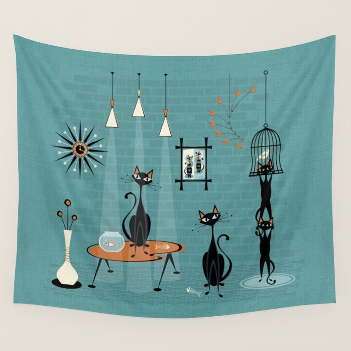 Mid Century Kitty Mishchief - w/ Orange ©studioxtine Wall Tapestry Gallery Image 4