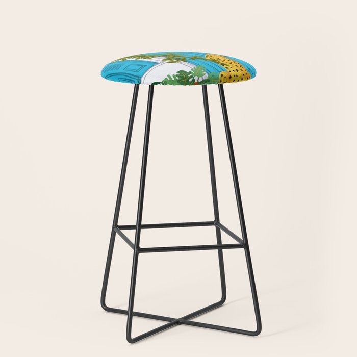 Cheetah Villa Architecture, Tropical Greece Jungle Animals, Botanical White Building & Boho Leopard Stool Gallery Image 1