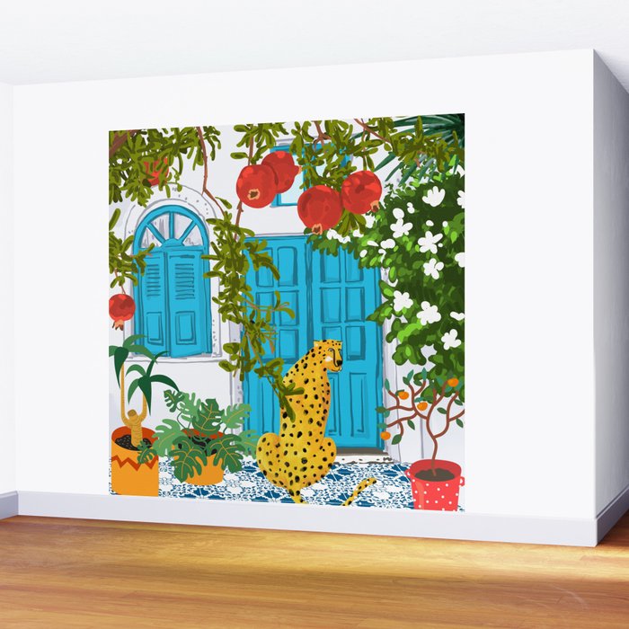 Cheetah Villa Architecture, Tropical Greece Jungle Animals, Botanical White Building & Boho Leopard Wall Mural Gallery Image 2
