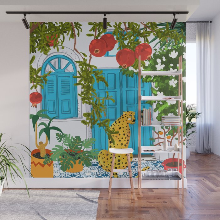 Cheetah Villa Architecture, Tropical Greece Jungle Animals, Botanical White Building & Boho Leopard Wall Mural Gallery Image 1