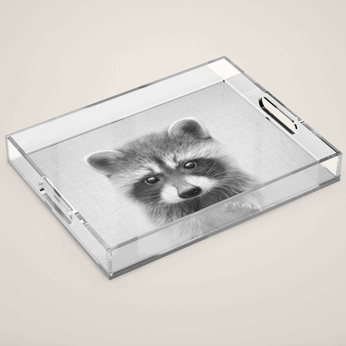 Raccoon - Black & White Acrylic Tray Gallery Image 1
