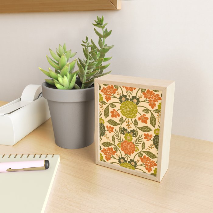 Retro 1970s Floral in Olive Green & Orange Mini Art Print Gallery Image 2