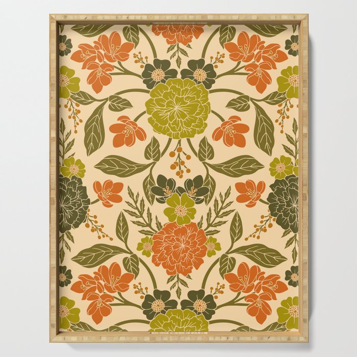 Retro 1970s Floral in Olive Green & Orange Serving Tray Gallery Image 1