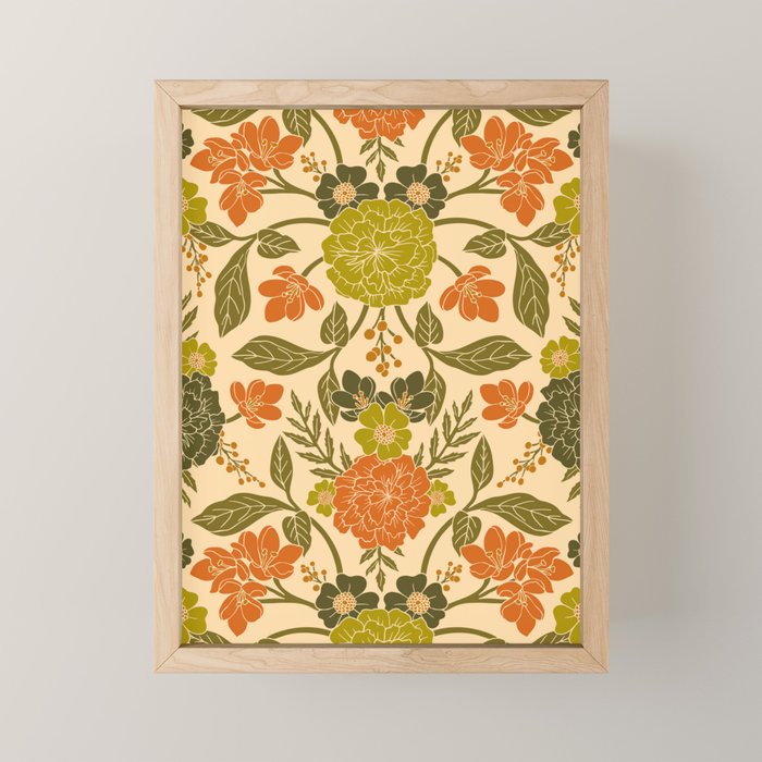 Retro 1970s Floral in Olive Green & Orange Mini Art Print Gallery Image 1