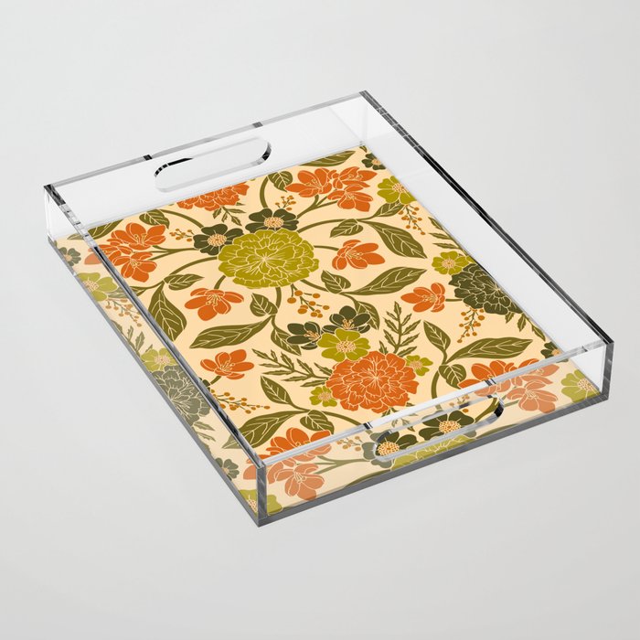 Retro 1970s Floral in Olive Green & Orange Acrylic Tray Gallery Image 1